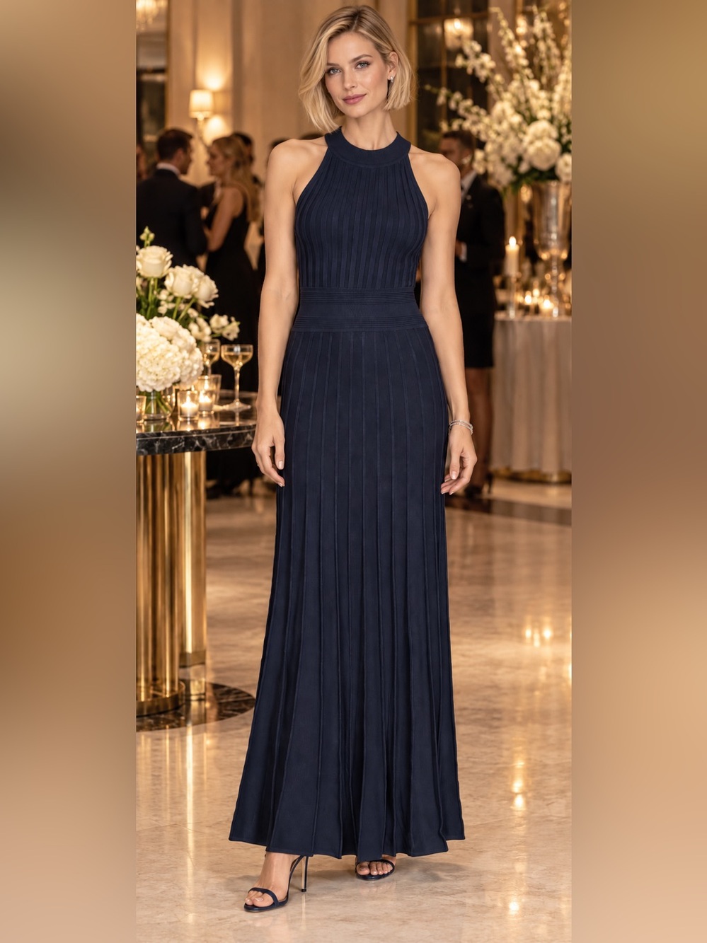 MICHAEL Michael Kors Ribbed Knit Halter Maxi Dress Navy XS Minimalist